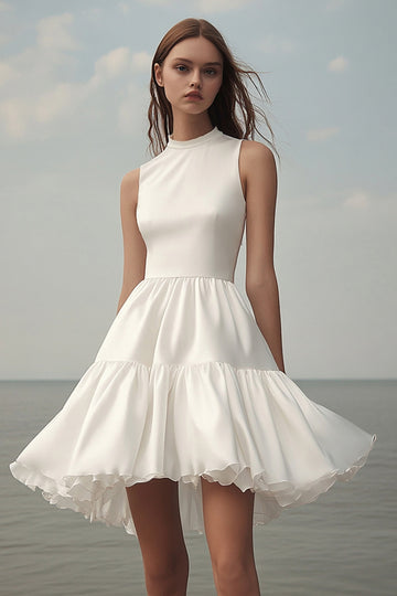 White A Line High Neck Ruffled Mini Dress